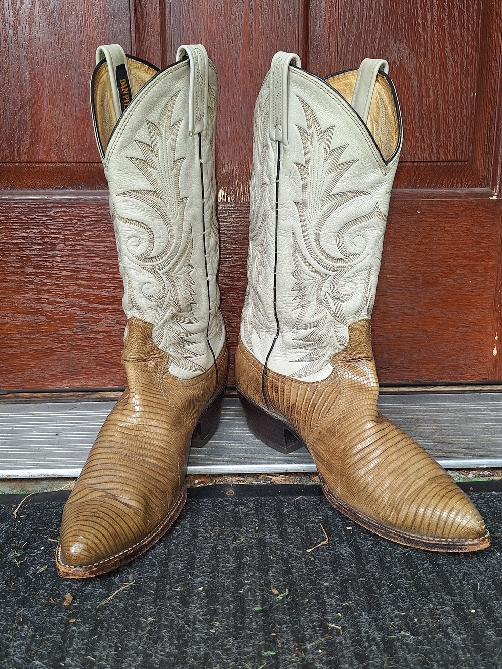 Dan Post Teju Lizard Western Cowboy Boots in Cream and Brown, 9.5D